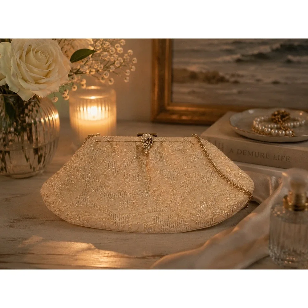 Vtg CFR Made in England Gold Brocade Evening Bag Rhinestone Clasp Chain Purse